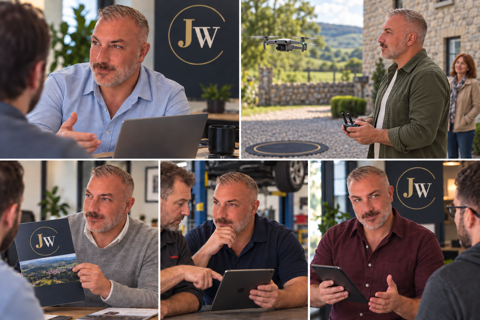 Illustrative collage of Jonathan meeting customers, demonstrating a drone and discussing digital services in a garage with a car on a lift