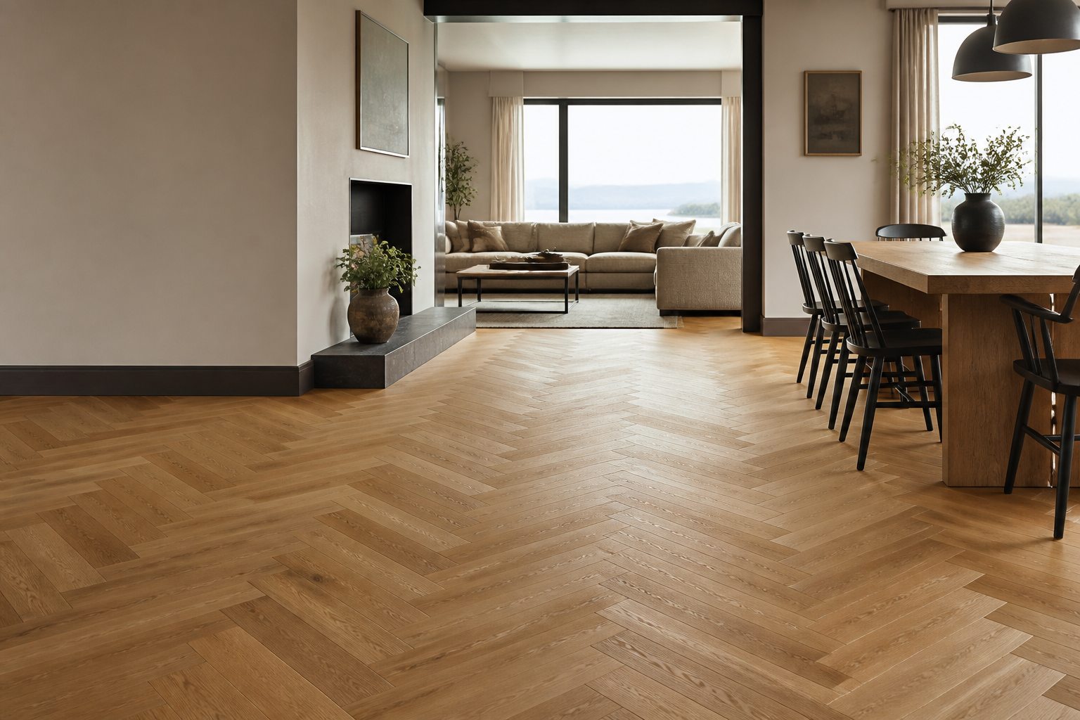 Finished herringbone flooring in a bright home